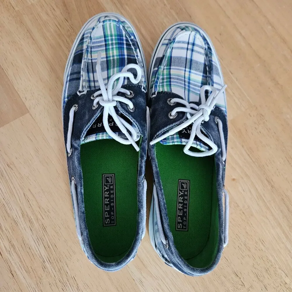 Sperry Top Sider Blue Green Plaid Boat Shoes sz 7.5M